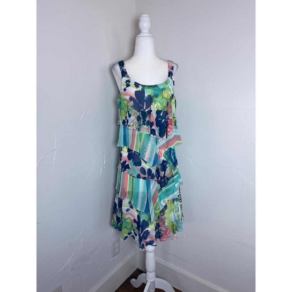 Robbie Bee Size 6 Floral Stripe Tiered Ruffle Dress Multicolor Sleeveless Y2K